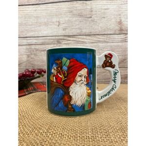80s Vintage Santa Merry Christmas Handle Teddy Bear Mug, Old Santa, Hot Cocoa